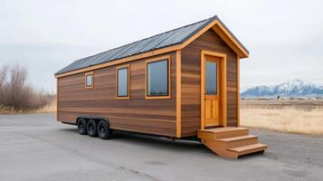 Charming tiny house on wheels with wooden exterior and mountain backdrop in serene setting photo