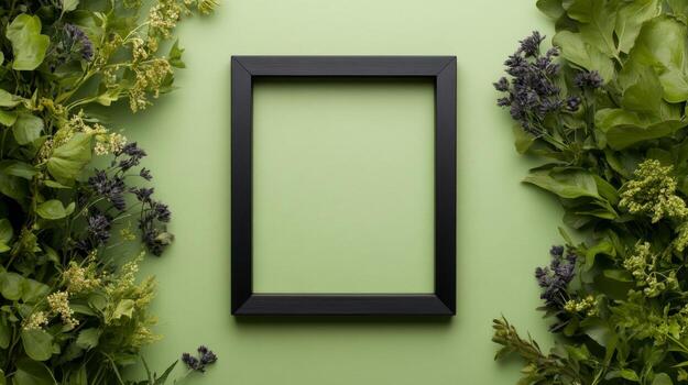 Green background with black frame surrounded by fresh herbs and flowers, ideal for creative presentations or displays photo