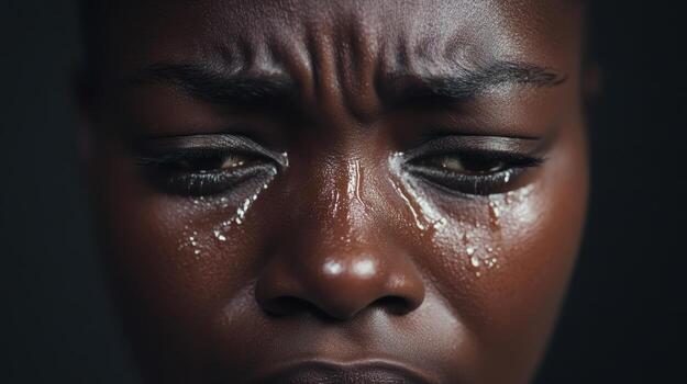 Emotional close-up of a woman with tears streaming down her face, expressing deep sorrow and vulnerability in a dramatic lighting setting photo