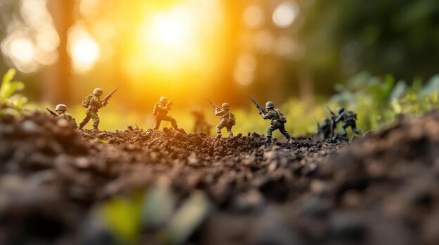 A group of miniature soldiers is positioned on the ground, simulating a battle scene. photo