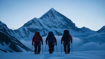 Mountaineers traverse snowy landscape at dawn, preparing for ascent in striking mountain range photo