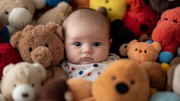 Baby surrounded by colorful stuffed animals in a cozy indoor play area enjoying playful exploration photo
