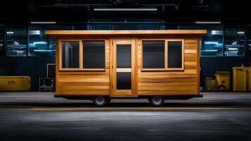 Mobilized wooden cabin design showcased in modern industrial setting at night photo