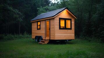 Tiny wooden house on wheels surrounded by lush greenery in a tranquil forest setting during twilight hours photo