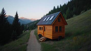 Tiny house on wheels nestled in mountain landscape during twilight hours with trees surrounding a winding path photo