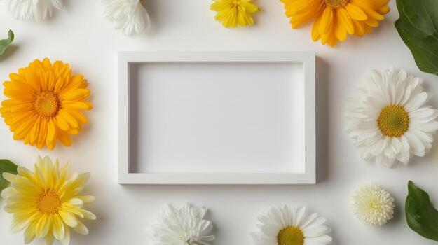 Bright floral arrangement with empty frame on a light background, perfect for creative design use in advertising or creative projects photo