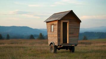 Unique wooden tiny house on wheels in a serene rural landscape during golden hour photo