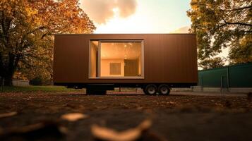 Modern mobile home showcased in a serene outdoor setting amidst autumn foliage during golden hour photo