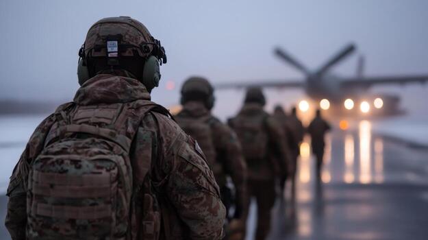 Soldiers preparing for deployment at an airbase during early morning mist and low visibility conditions photo