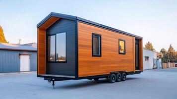 Modern wooden tiny house on wheels in bright outdoor setting showcasing minimalist design and versatility in living space photo