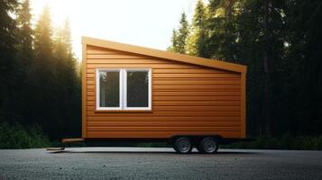Modern tiny house on wheels situated in a serene forest surrounded by tall trees during golden hour light photo