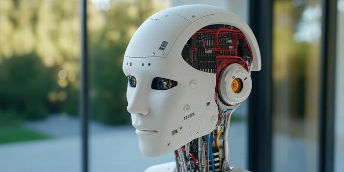 Modern humanoid robot with advanced technology showcasing seamless design in a contemporary environment during daylight photo