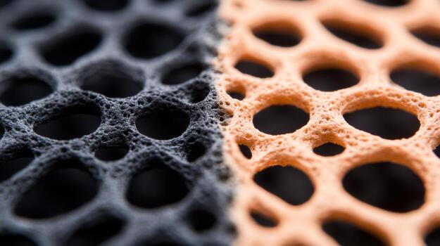Detailed close-up of textured foam material in contrasting colors showcasing unique perforations and patterns photo
