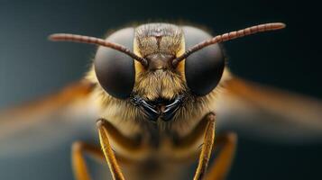 Close-up view of a bee revealing intricate facial features and detailed eyes in a natural habitat photo