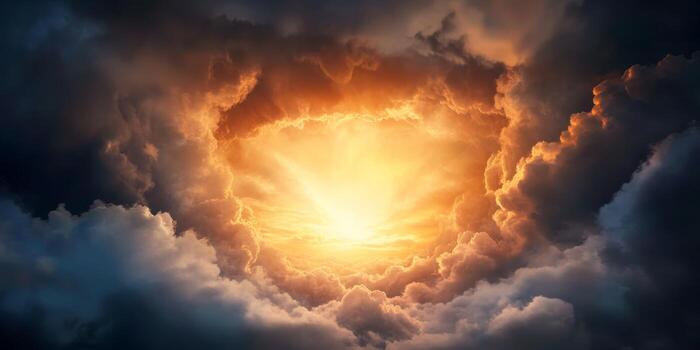 Dynamic sunset peeking through dark storm clouds over the horizon creating a stunning natural light display photo