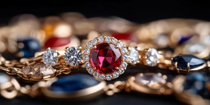 Ruby ring surrounded by various gemstones showcasing luxury and elegance in close-up shot photo
