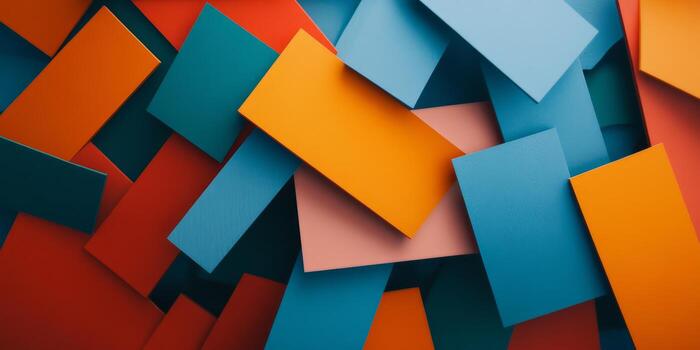 Colorful abstract composition of layered rectangles in vibrant blue, orange, pink, and red hues, creating a dynamic visual effect photo