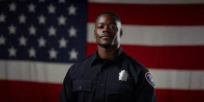 Portrait of a confident police officer in front of an American flag showing dedication to service and community values photo