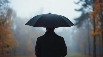 Man holding black umbrella walking through a foggy autumn park surrounded by yellow leaves photo