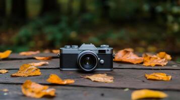 Classic camera surrounded by autumn leaves on a rustic wooden table in a serene forest setting photo