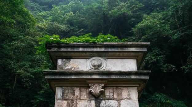 Ancient stone monument surrounded by lush forest vegetation in tranquil natural setting photo