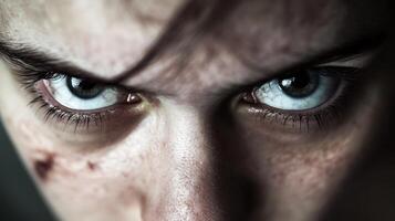 Intense close-up of a young person's piercing blue eyes revealing emotion and depth in a dramatic setting photo