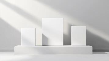 Minimalist display with three blank canvases on a raised platform under soft natural light in an indoor setting photo