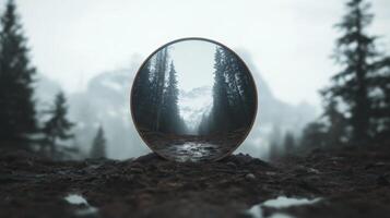 Reflection of a misty forest landscape captured through a circular mirror in the wilderness photo