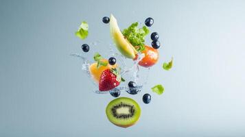 Fresh fruits and vegetables splashing in water creating a vibrant and colorful composition photo