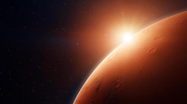 Sunrise over the Martian landscape highlighting the red planet's surface features and atmospheric hues in a cosmic setting photo