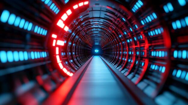 Futuristic tunnel with glowing lights and a mysterious blue light at the end in a high-tech environment photo