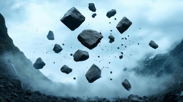 Floating rocks in a dramatic landscape under cloudy skies creating an ethereal atmosphere near a mountain range photo