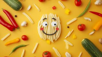 Colorful display of playful food arrangement with smiling face made from vegetables on a bright yellow background photo