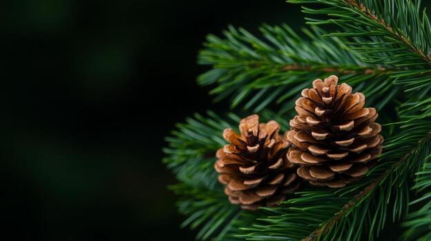 Pine cones nestled among evergreen branches in a serene forest setting during dusk photo