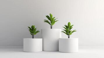 Modern indoor plant arrangement in stylish white pots enhances minimalistic decor in bright environment photo