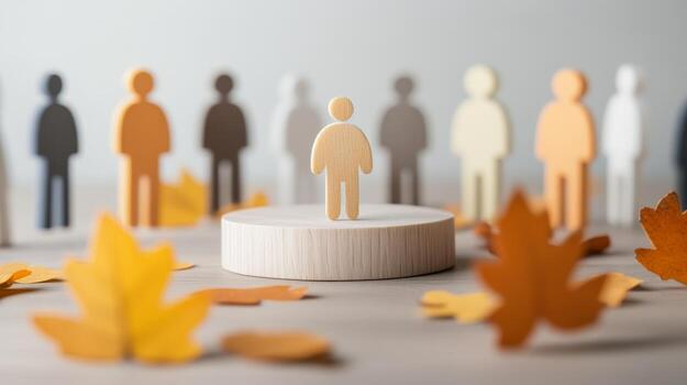 Multiple wooden figures surround a central figure on a wooden base with autumn leaves in a softly lit setting, representing diversity and unity photo