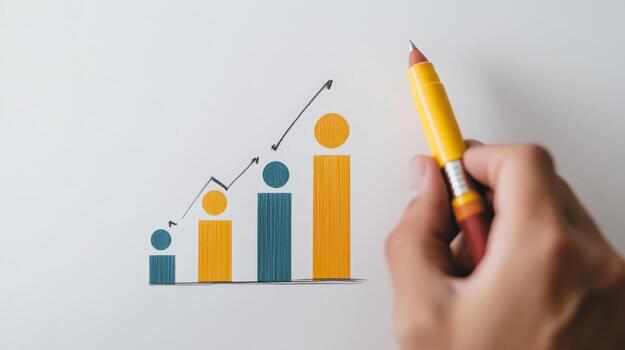 Hand drawing colorful bar chart to represent growth and progress in business or finance on a plain white background photo