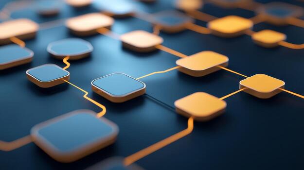 Abstract representation of a digital network with interconnected squares and glowing lines on a dark background photo