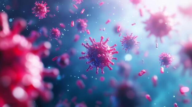 Colorful representation of viruses floating in a dark environment, highlighting their structure and complexity in vivid detail photo