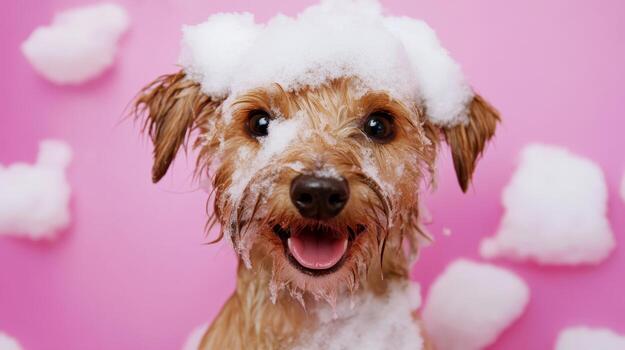 contento perro cubierto en espuma disfrutando juguetón bañera hora en contra vibrante rosado antecedentes foto