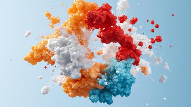 Abstract explosion of colorful smoke and dust particles creates a vibrant visual effect against a clear blue sky photo