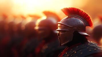Roman soldiers in ceremonial armor stand proudly during a sunset event showcasing ancient military traditions and heritage photo