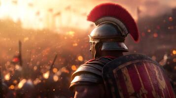 Brave warrior stands ready for battle amidst a sea of soldiers in an ancient battlefield at sunset photo