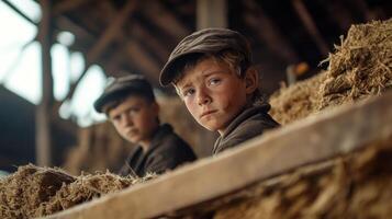 Two young boys working in a rustic barn setting, covered in straw, showcasing childhood innocence and hard work during rural life photo