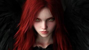 Dramatic fantasy portrait of a female character with striking red hair and black wings in a moody atmosphere photo