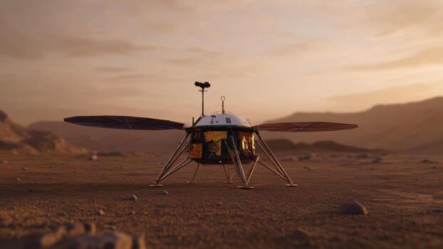 Mars lander exploring the rugged surface of the red planet during a sunset, showcasing advanced technology and extraterrestrial landscape photo