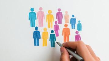 Diverse group of people represented through colorful sketches on paper capturing community and collaboration in artistic expression photo