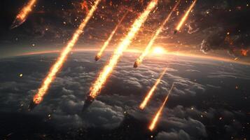 Meteor shower illuminating Earth with fiery trails at sunrise above the clouds photo
