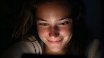 Young woman using tablet in dark room smiling at screen photo