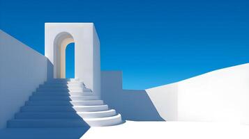 White mediterranean staircase leading to archway under blue sky photo
